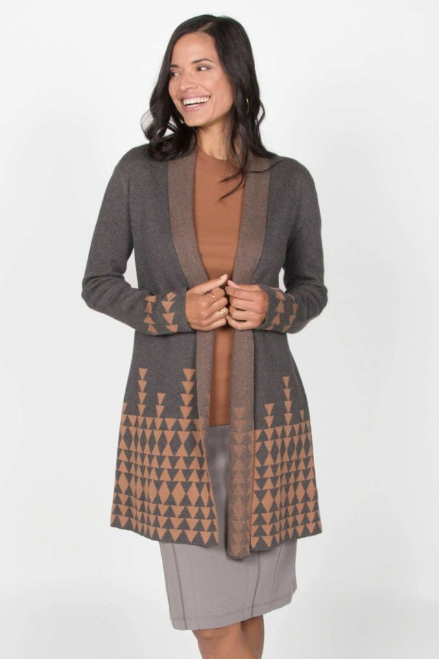 Jacquard Cardigan in Charcoal Camel - Veneka-Sustainable-Ethical-Jackets-Indigenous Drop Ship