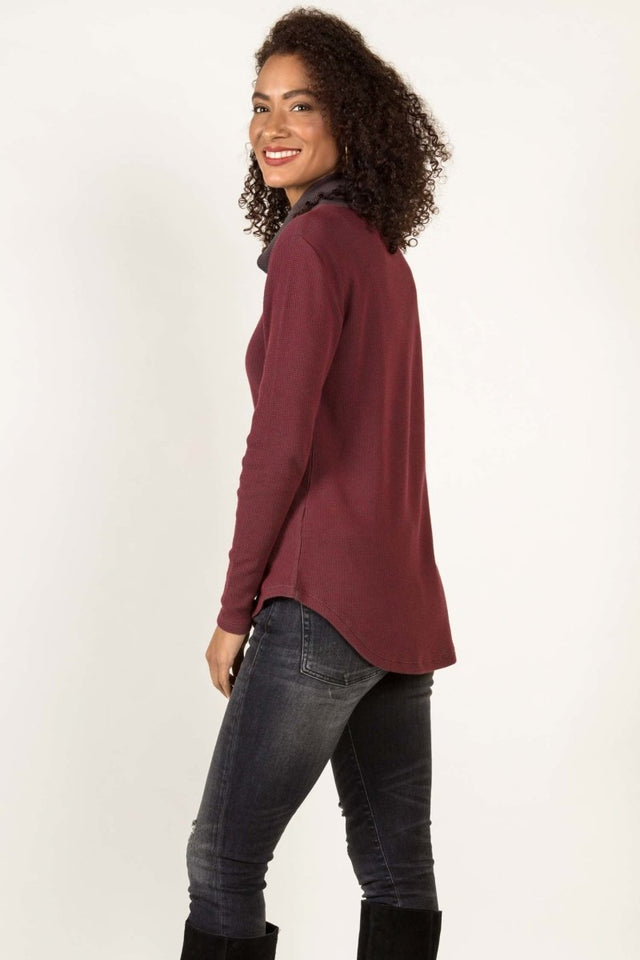 Lightweight Waffle Cowl Pullover in Cherry/Charcoal - Veneka-Sustainable-Ethical-Tops-Indigenous Drop Ship