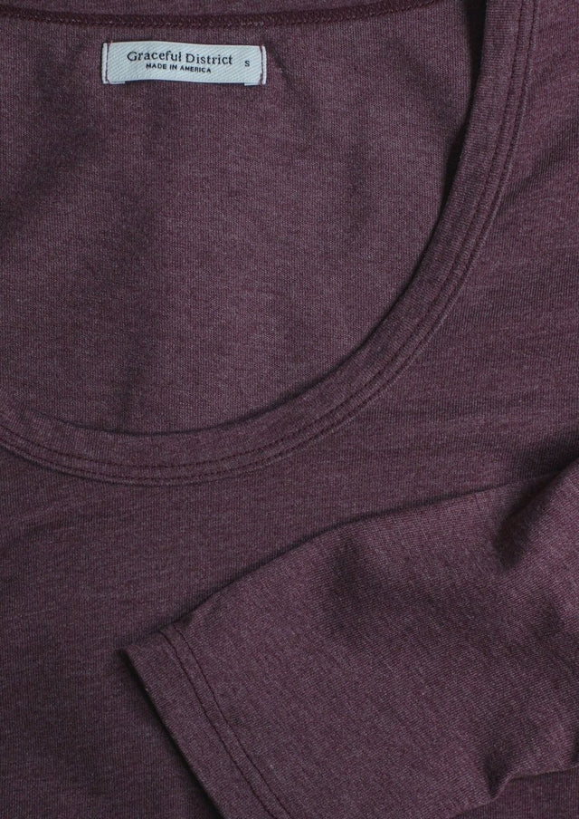 Long Sleeve Scoop Neck Curved Hem Tee in Heather Port - Veneka-Sustainable-Ethical-Tops-Graceful District Drop Ship