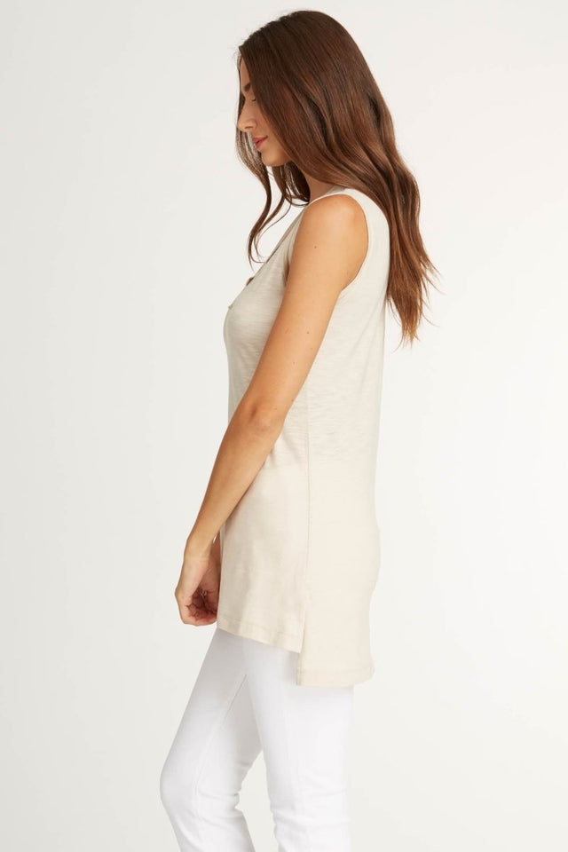 Long V Neck Tank in Pebble - Veneka-Sustainable-Ethical-Tops-Indigenous Drop Ship