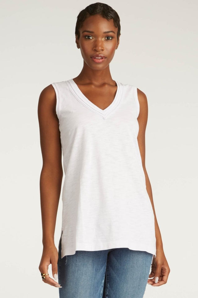 Long V Neck Tank in White - Veneka-Sustainable-Ethical-Tops-Indigenous Drop Ship