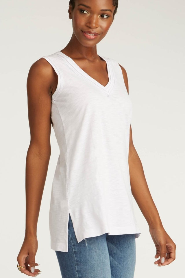 Long V Neck Tank in White - Veneka-Sustainable-Ethical-Tops-Indigenous Drop Ship