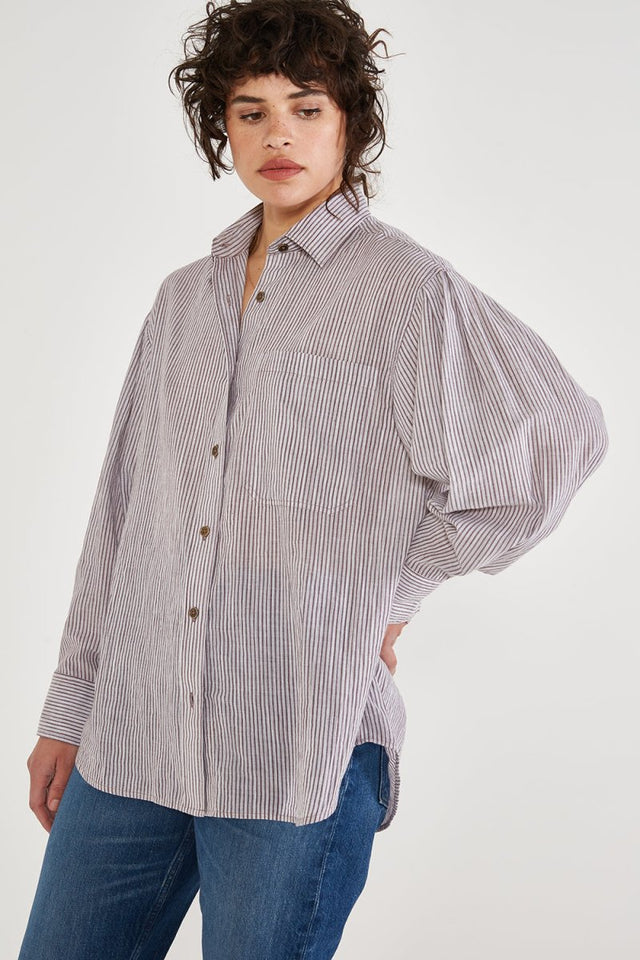 Mallory Pleat Sleeve Shirt in Wood Stripe - Veneka-Sustainable-Ethical-Tops-Etica Denim Drop Ship