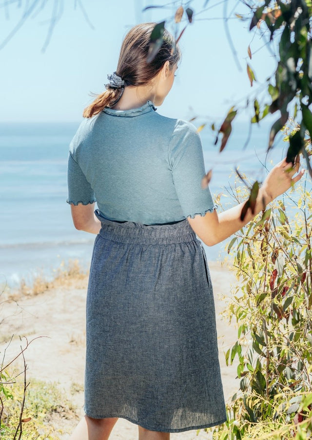 Meera Hemp Knit Top with Lettuce Trim in Mineral Blue - Veneka-Sustainable-Ethical-Tops-Valani Drop Ship