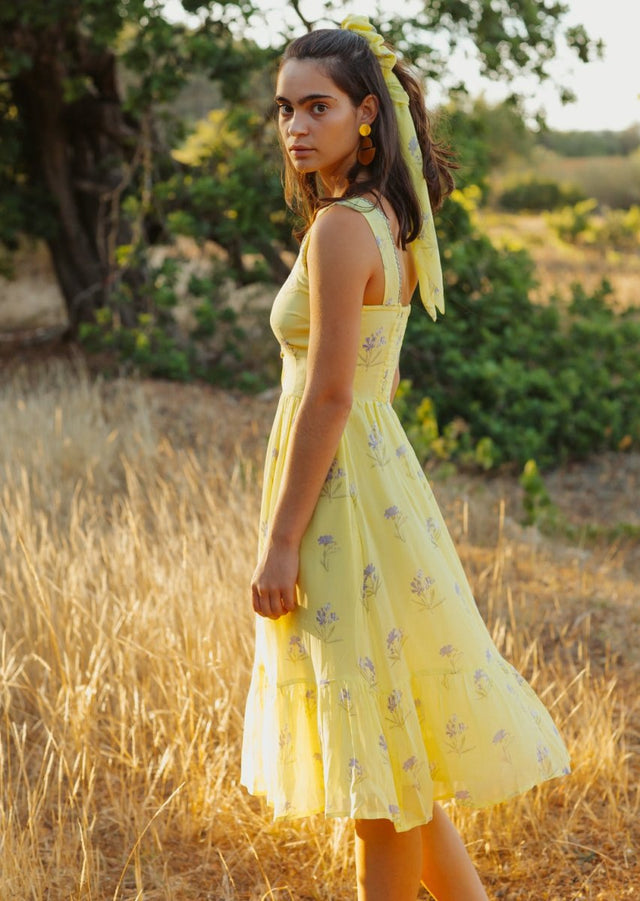 Midi Dress in Lemon Lavender - Veneka-Sustainable-Ethical-Dresses-Em & Shi Drop Ship