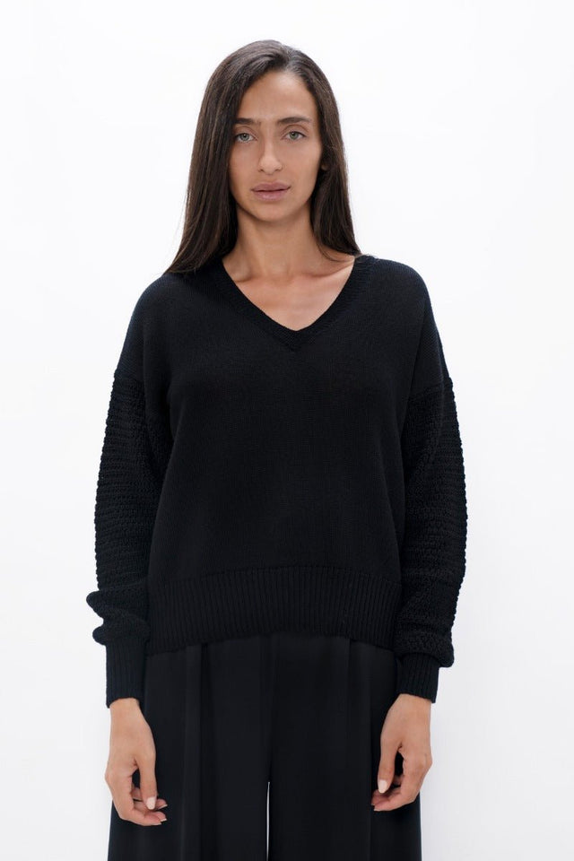 Nagano MMJ V-Neck Sweater in Licorice - Veneka-Sustainable-Ethical-Tops-1 People Drop Ship