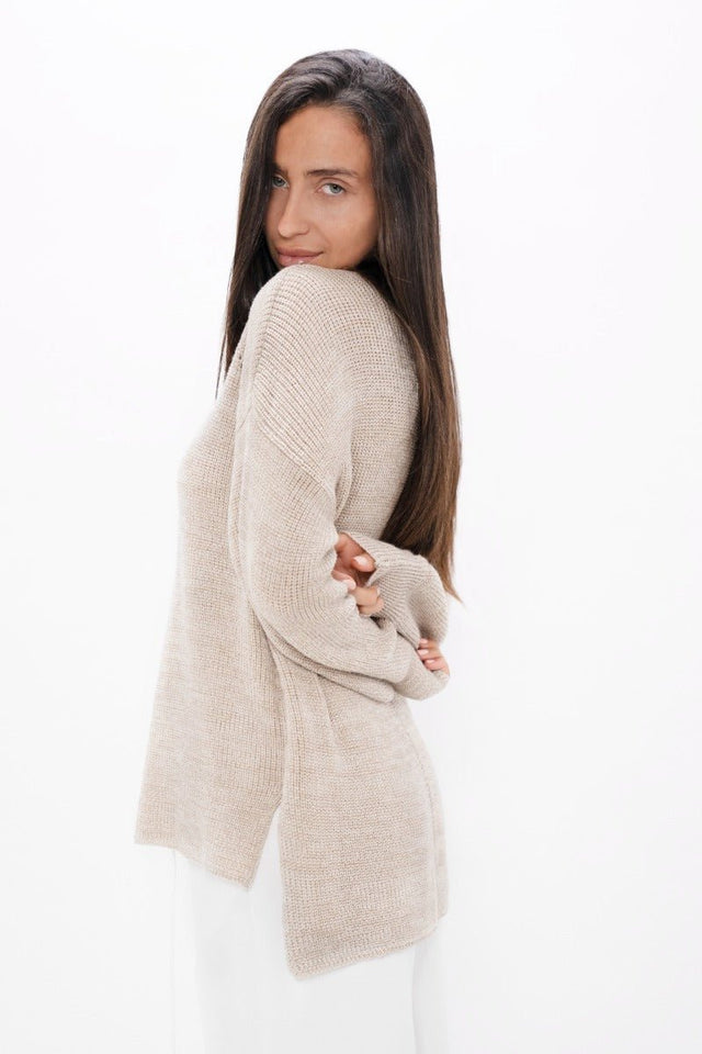 Ottawa YOW High Neck Sweater in Sand Marl - Veneka-Sustainable-Ethical-Tops-1 People Drop Ship