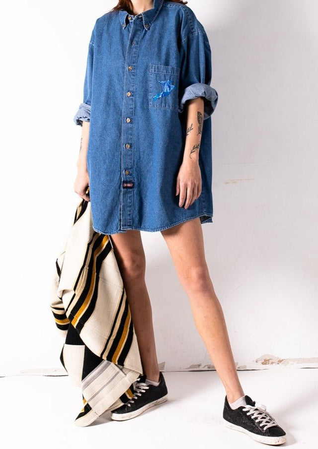 Oversized Embroidered Jean Shirt "Prism Collection" - Veneka-Sustainable-Ethical-Tops-Montie and Joie Drop Ship