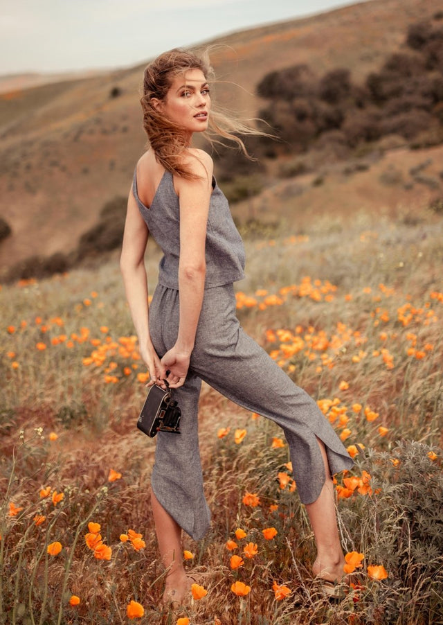 Petra Cropped Hemp Pants with Curved Slits in Grey - Veneka-Sustainable-Ethical-Bottoms-Valani Drop Ship