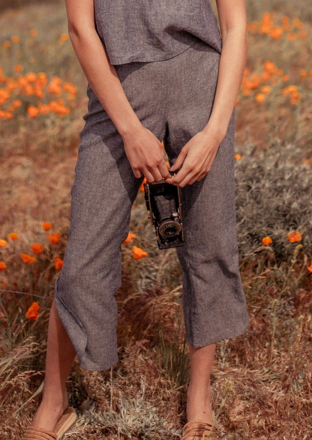 Petra Cropped Hemp Pants with Curved Slits in Grey - Veneka-Sustainable-Ethical-Bottoms-Valani Drop Ship