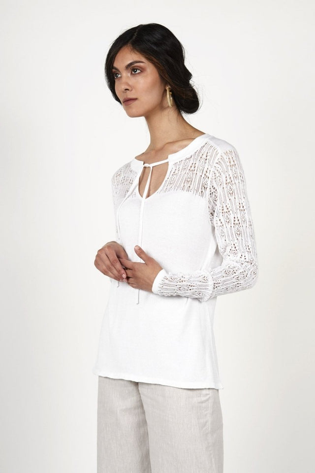 Pointelle Pullover Top in White - Veneka-Sustainable-Ethical-Tops-Indigenous Drop Ship