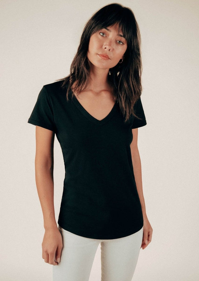 Robin V-Neck Tee in Black - Veneka-Sustainable-Ethical-Tops-Graceful District Drop Ship