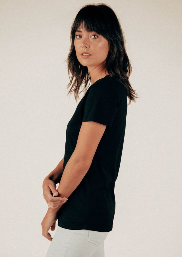 Robin V-Neck Tee in Black - Veneka-Sustainable-Ethical-Tops-Graceful District Drop Ship