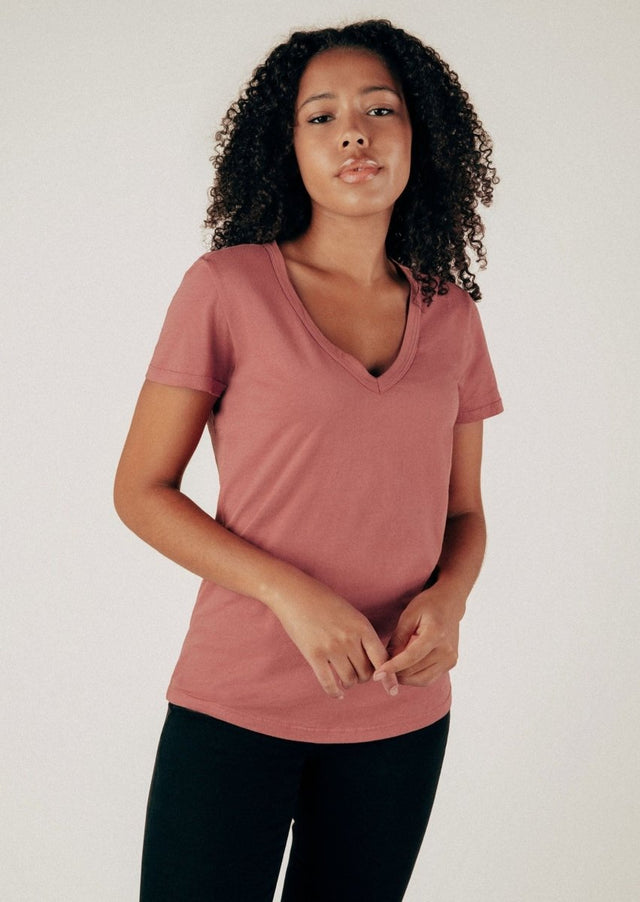 Robin V-Neck Tee in Clay - Veneka-Sustainable-Ethical-Tops-Graceful District Drop Ship