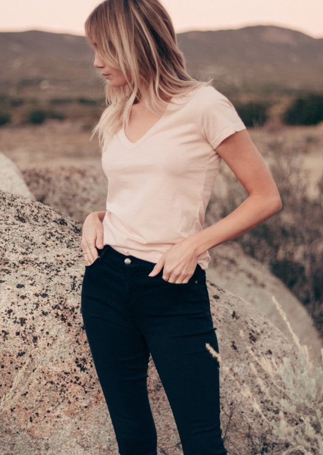 Robin V-Neck Tee in Rose Quartz - Veneka-Sustainable-Ethical-Tops-Graceful District Drop Ship
