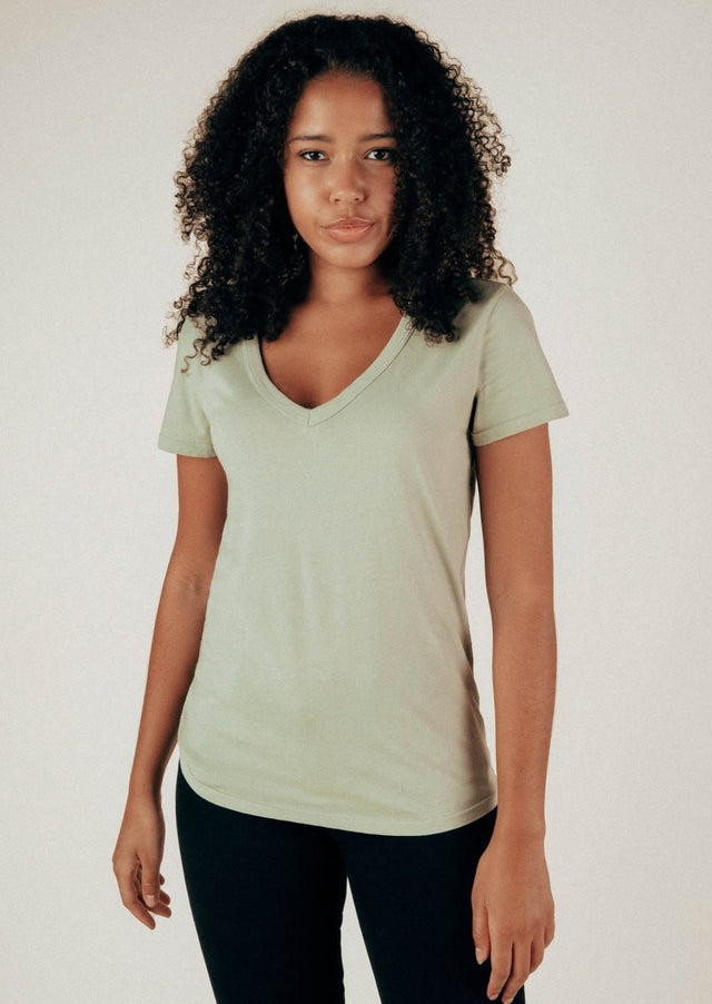 Robin V-Neck Tee in Sage - Veneka-Sustainable-Ethical-Tops-Graceful District Drop Ship