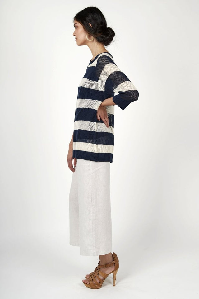 Seaside Stripe Pullover Top in Oatmeal & Summer Navy - Veneka-Sustainable-Ethical-Tops-Indigenous Drop Ship