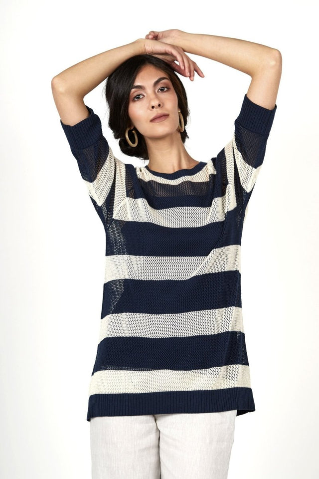 Seaside Stripe Pullover Top in Oatmeal & Summer Navy - Veneka-Sustainable-Ethical-Tops-Indigenous Drop Ship