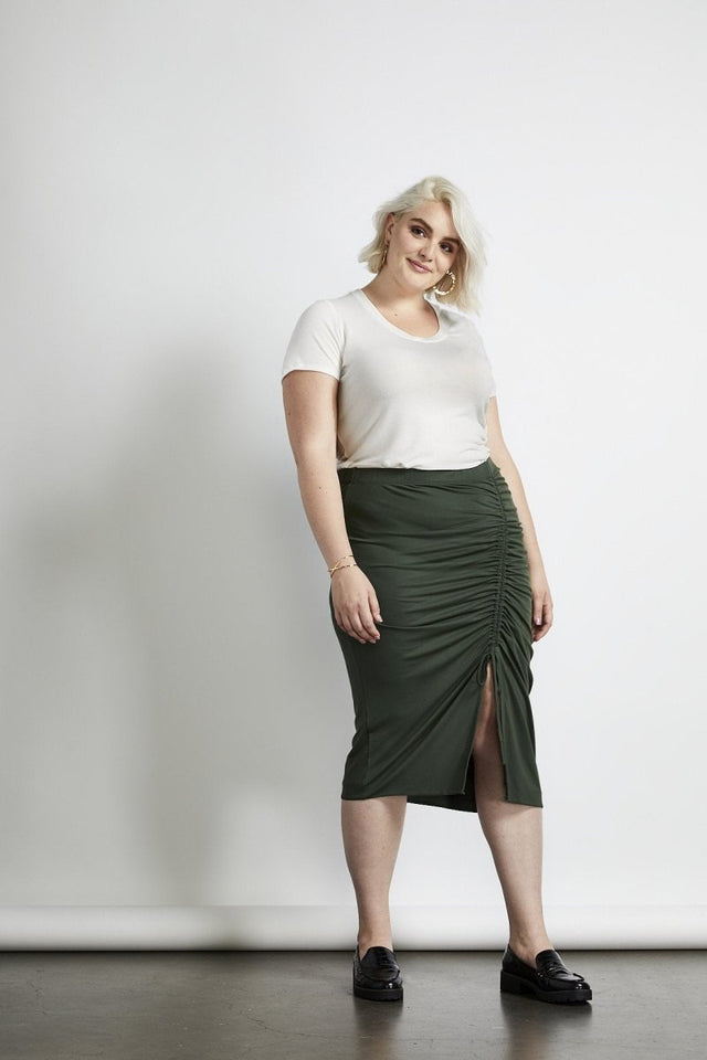 Seville Cinched Skirt in Army - Veneka-Sustainable-Ethical-Bottoms-Hours Drop Ship