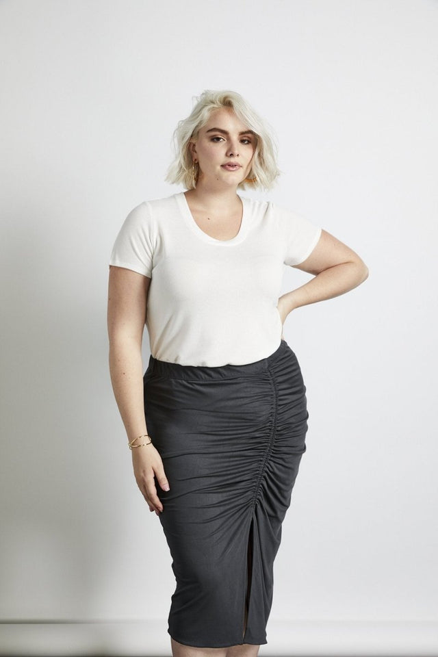 Seville Cinched Skirt in Charcoal - Veneka-Sustainable-Ethical-Bottoms-Hours Drop Ship