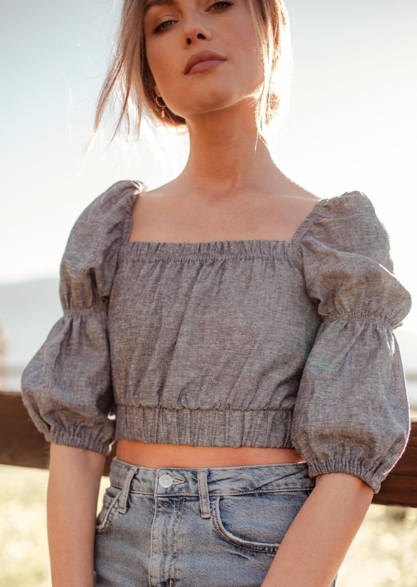 Sineth Double Puff Sleeve Hemp Crop Top in Grey – Veneka