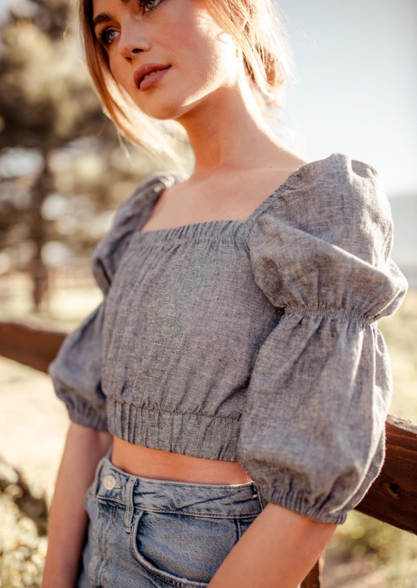 Sineth Double Puff Sleeve Hemp Crop Top in Grey – Veneka