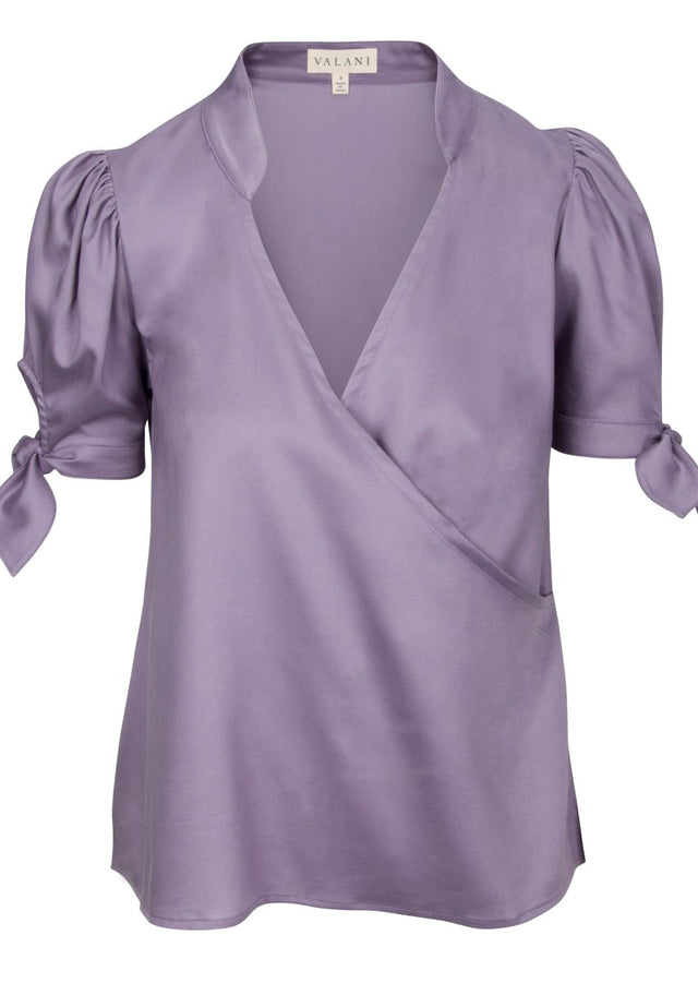 Sitha Faux Wrap Tencel Top with Puff Sleeves in Purple - Veneka-Sustainable-Ethical-Tops-Valani Drop Ship