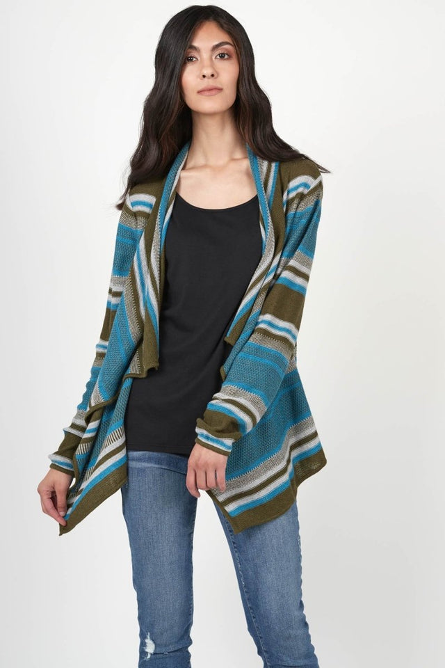 Striped Cardigan in Heather Sky Combo - Veneka-Sustainable-Ethical-Jackets-Indigenous Drop Ship