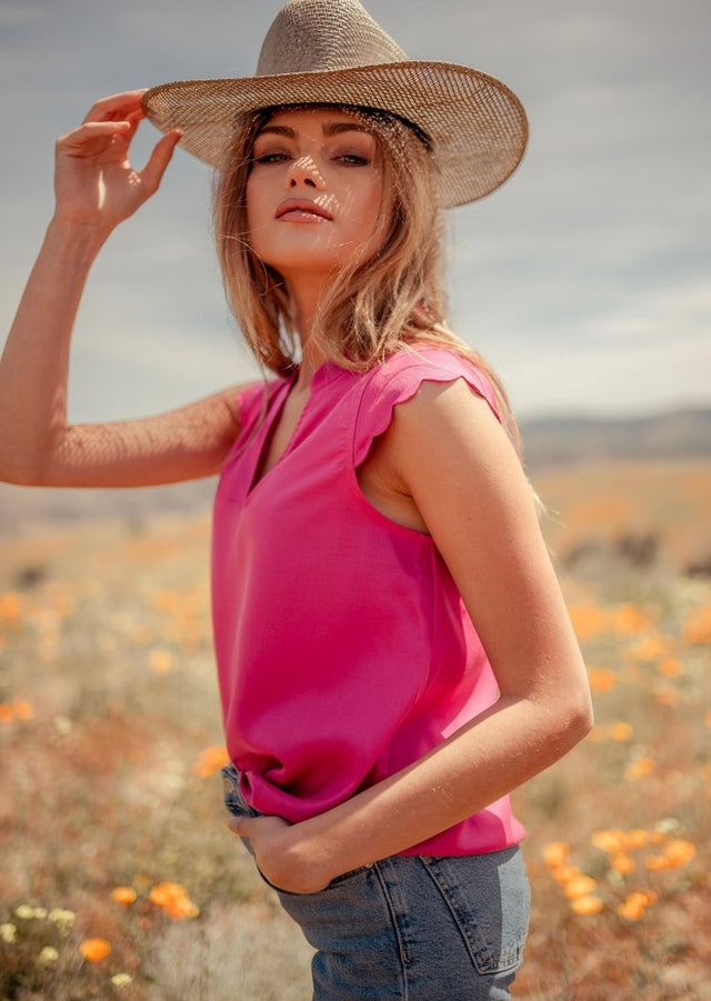 Thavy Tencel Top with Scalloped Cap Sleeves in Pink - Veneka-Sustainable-Ethical-Tops-Valani Drop Ship