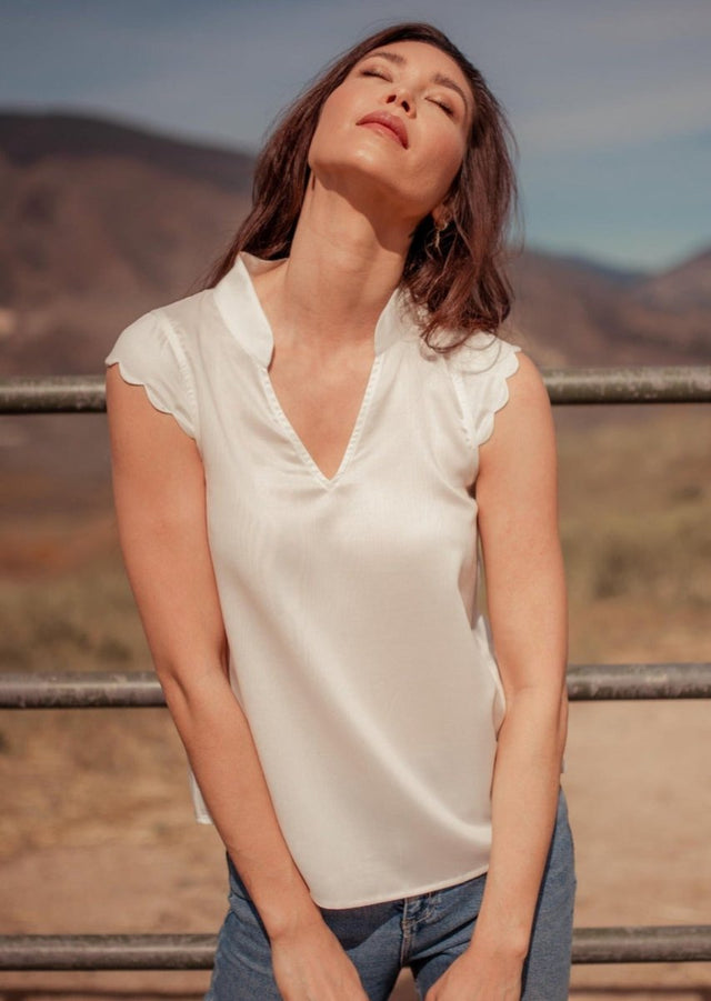 Thavy Tencel Top with Scalloped Sleeves in White - Veneka-Sustainable-Ethical-Tops-Valani Drop Ship