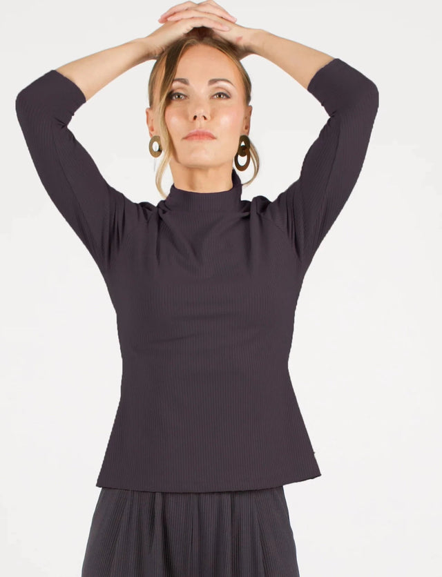 The Dressy Mock Neck Top in Slate - Veneka-Sustainable-Ethical-Tops-Encircled Drop Ship Correct