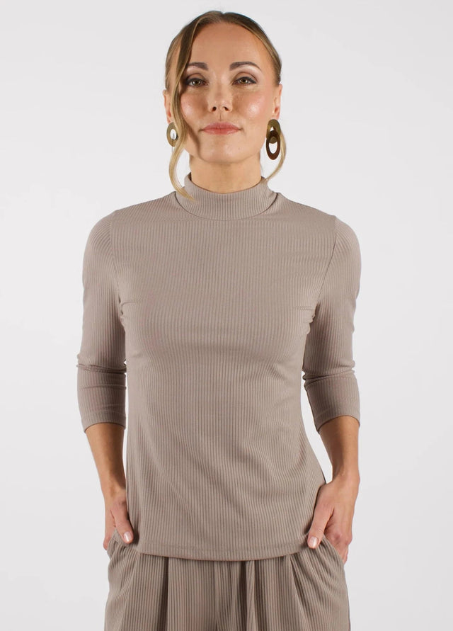 The Dressy Mock Neck Top in Taupe - Veneka-Sustainable-Ethical-Tops-Encircled Drop Ship Correct