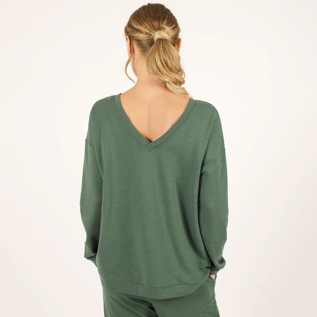 The Dressy V-Neck Sweatshirt in Forest Green - Veneka-Sustainable-Ethical-Tops-Encircled Drop Ship Correct