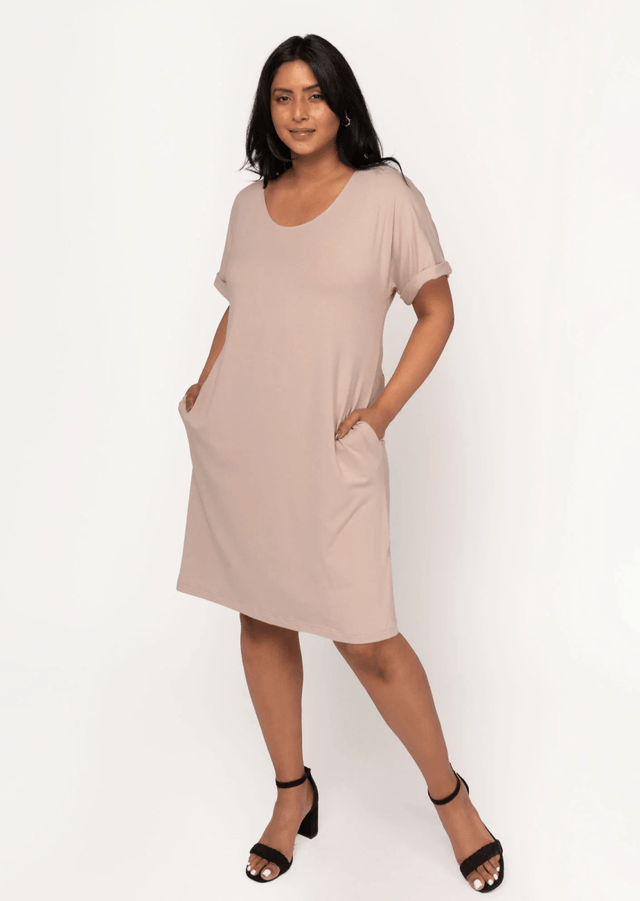 The Everyday T-Shirt Dress in Stone Beige - Final Sale - Veneka-Sustainable-Ethical-Dresses-Encircled Drop Ship
