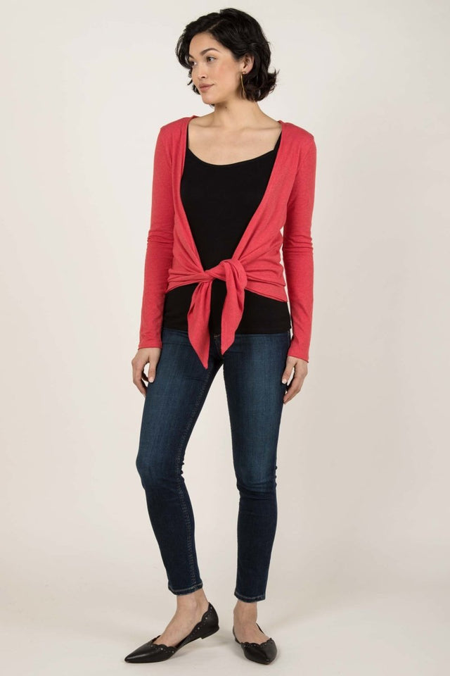 Tie Front Cardigan in Coral - Veneka-Sustainable-Ethical-Jackets-Indigenous Drop Ship