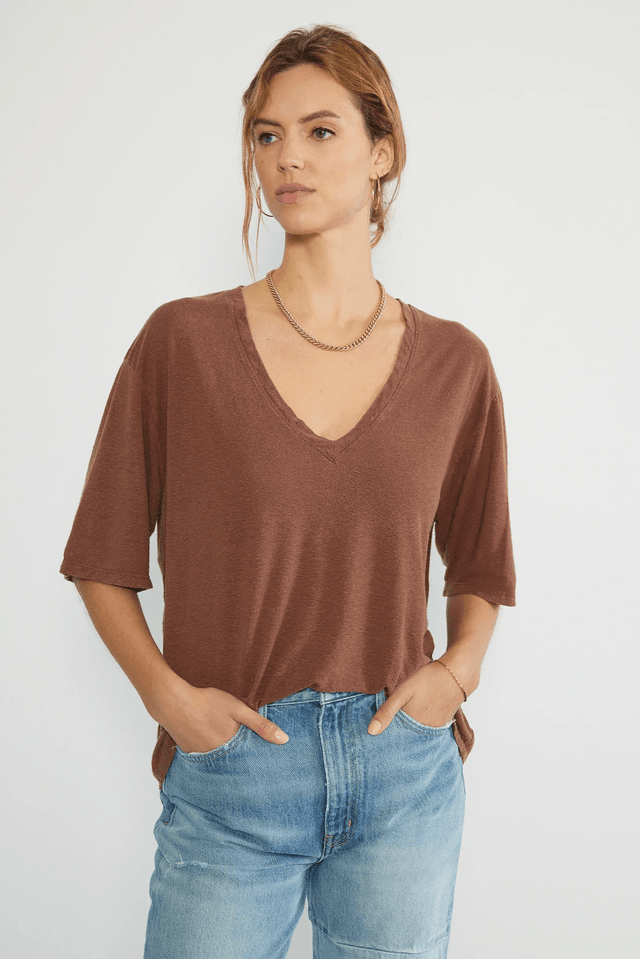 Ulli Relaxed V-Neck in Cognac - Veneka-Sustainable-Ethical-Tops-Etica Denim Drop Ship