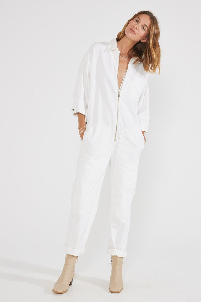 Zeta Carpenter Jumpsuit - Vintage White - Veneka-Sustainable-Ethical-Denim-Etica Denim Drop Ship
